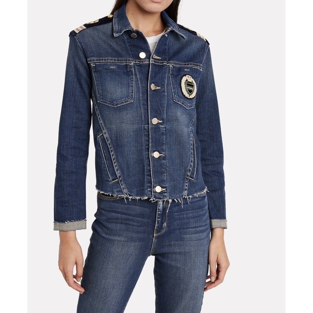 L'AGENCE Womens Blue Denim Military Jacket with Epaulettes and Crest Patch Small